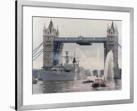 View of HMS London Sailing Beneath Tower Bridge, London, 1988-null-Framed Photographic Print