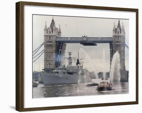 View of HMS London Sailing Beneath Tower Bridge, London, 1988-null-Framed Photographic Print