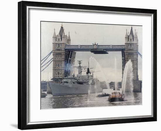 View of HMS London Sailing Beneath Tower Bridge, London, 1988-null-Framed Photographic Print