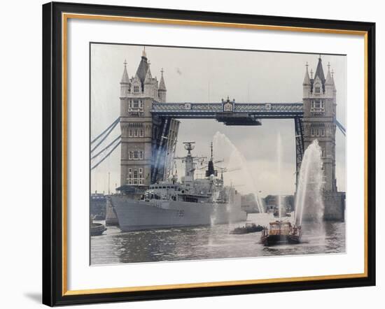 View of HMS London Sailing Beneath Tower Bridge, London, 1988-null-Framed Photographic Print