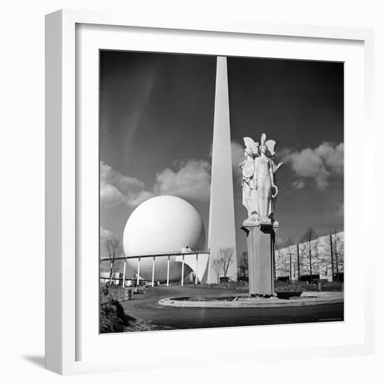 View of Iconic Perisphere and Trylon, Helicline and Statue "Victories at Peace" by John Gregory-Alfred Eisenstaedt-Framed Photographic Print