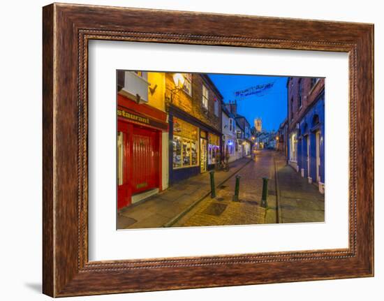 View of illuminated Lincoln Cathedral viewed from the cobbled Steep Hill at dusk, Lincoln, Lincolns-Frank Fell-Framed Photographic Print