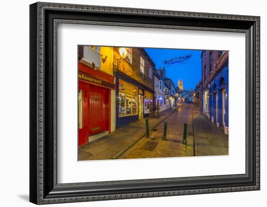 View of illuminated Lincoln Cathedral viewed from the cobbled Steep Hill at dusk, Lincoln, Lincolns-Frank Fell-Framed Photographic Print