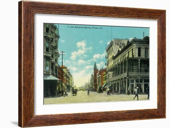 View of J and Mariposa Street Corner - Fresno, CA-Lantern Press-Framed Art Print