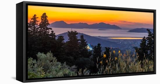 View of Kos Island and Greek Orthodox church from Zia Sunset View at sunset, Zia Village, Kos Town-Frank Fell-Framed Premier Image Canvas