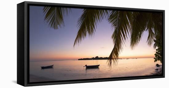 View of Kuramathi Island at sunset, Rasdhoo Island, Northern Ari Atoll, Maldives-Ian Trower-Framed Premier Image Canvas