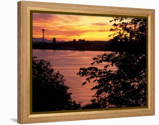 View of Lake Union and Space Needle, Seattle, Washington, USA-William Sutton-Framed Premier Image Canvas