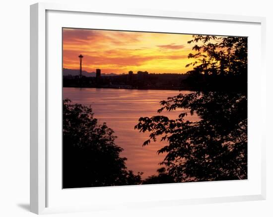 View of Lake Union and Space Needle, Seattle, Washington, USA-William Sutton-Framed Photographic Print