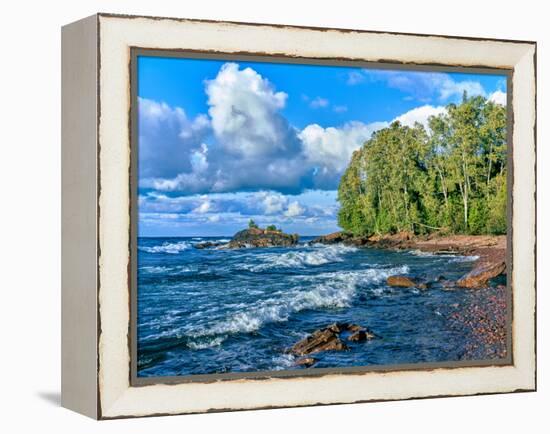 View of lakeshore against cloudy sky, Great Sand Bay, Lake Superior, Keweenaw Peninsula, Upper P...-null-Framed Premier Image Canvas