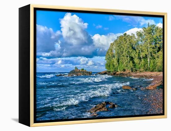 View of lakeshore against cloudy sky, Great Sand Bay, Lake Superior, Keweenaw Peninsula, Upper P...-null-Framed Premier Image Canvas