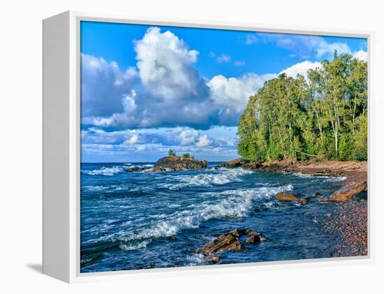 View of lakeshore against cloudy sky, Great Sand Bay, Lake Superior, Keweenaw Peninsula, Upper P...-null-Framed Premier Image Canvas