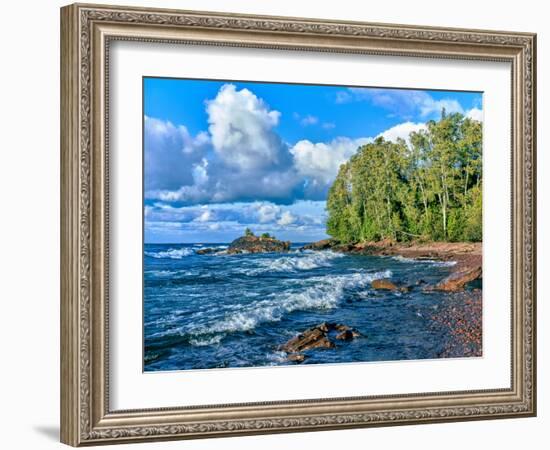 View of lakeshore against cloudy sky, Great Sand Bay, Lake Superior, Keweenaw Peninsula, Upper P...-null-Framed Photographic Print