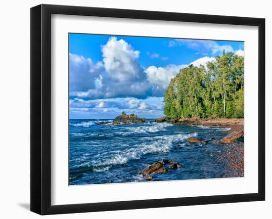 View of lakeshore against cloudy sky, Great Sand Bay, Lake Superior, Keweenaw Peninsula, Upper P...-null-Framed Photographic Print