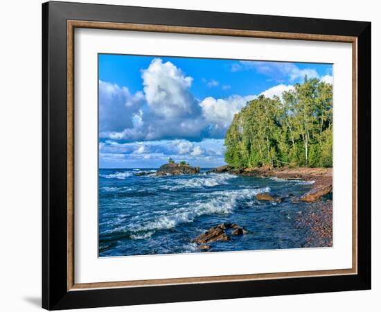 View of lakeshore against cloudy sky, Great Sand Bay, Lake Superior, Keweenaw Peninsula, Upper P...-null-Framed Photographic Print