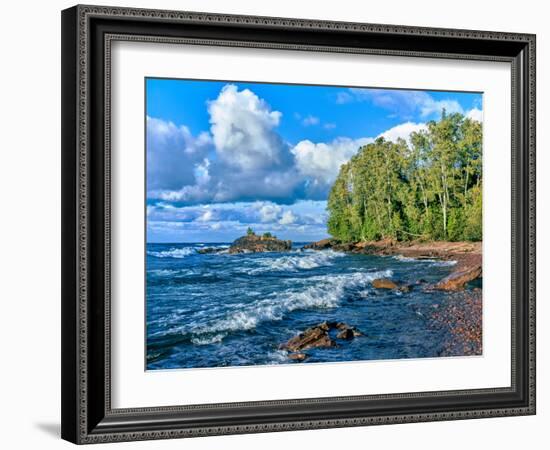 View of lakeshore against cloudy sky, Great Sand Bay, Lake Superior, Keweenaw Peninsula, Upper P...-null-Framed Photographic Print