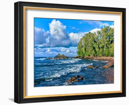 View of lakeshore against cloudy sky, Great Sand Bay, Lake Superior, Keweenaw Peninsula, Upper P...-null-Framed Photographic Print