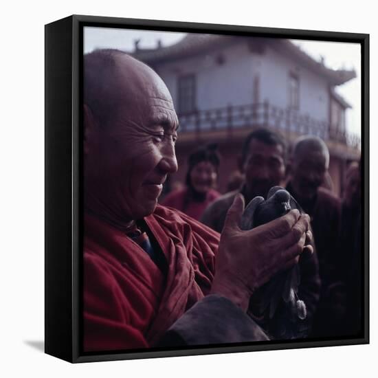 View of lama holding pigeon-Werner Forman-Framed Premier Image Canvas