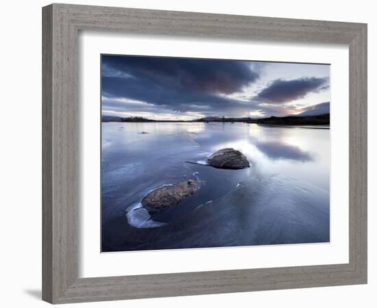 View of Loch Ba' at Dawn, Loch Partly Frozen With Two Large Rocks Protruding From the Ice, Scotland-Lee Frost-Framed Photographic Print