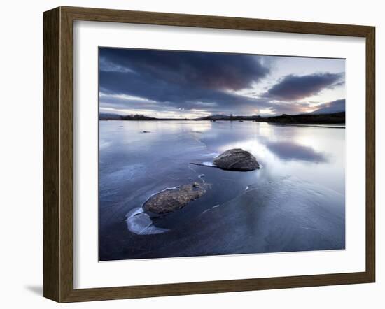 View of Loch Ba' at Dawn, Loch Partly Frozen With Two Large Rocks Protruding From the Ice, Scotland-Lee Frost-Framed Photographic Print