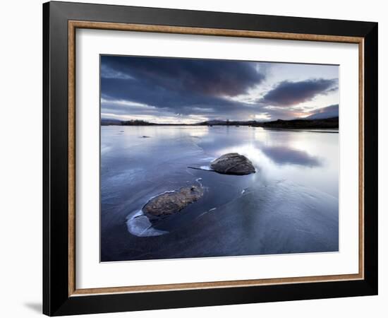 View of Loch Ba' at Dawn, Loch Partly Frozen With Two Large Rocks Protruding From the Ice, Scotland-Lee Frost-Framed Photographic Print