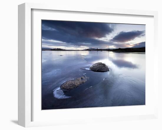View of Loch Ba' at Dawn, Loch Partly Frozen With Two Large Rocks Protruding From the Ice, Scotland-Lee Frost-Framed Photographic Print