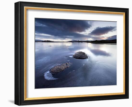 View of Loch Ba' at Dawn, Loch Partly Frozen With Two Large Rocks Protruding From the Ice, Scotland-Lee Frost-Framed Photographic Print