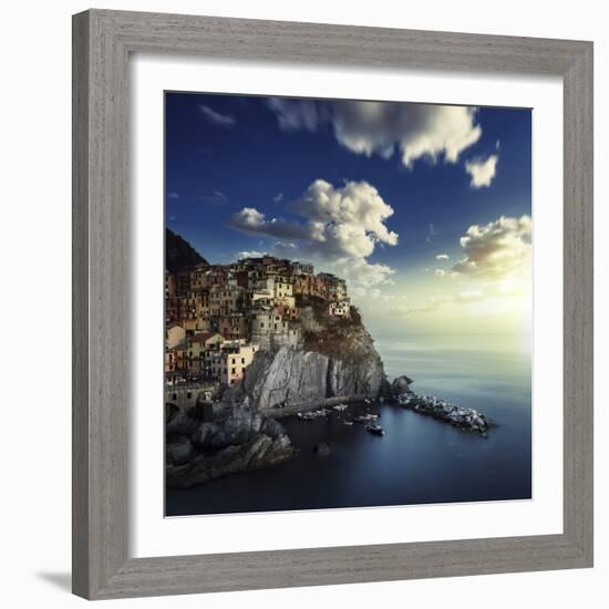 View of Manarola on the Rocks at Sunset, La Spezia, Liguria, Northern Italy-null-Framed Photographic Print