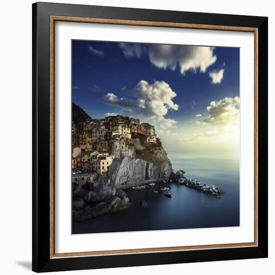 View of Manarola on the Rocks at Sunset, La Spezia, Liguria, Northern Italy-null-Framed Photographic Print