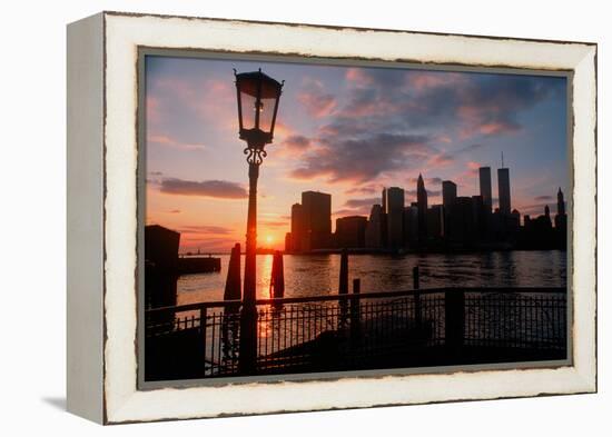 View of Manhattan from the Brooklyn Bridge at sunset, New York City, New York-null-Framed Premier Image Canvas