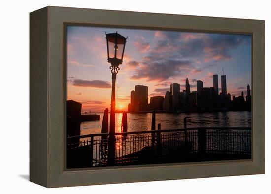 View of Manhattan from the Brooklyn Bridge at sunset, New York City, New York-null-Framed Premier Image Canvas