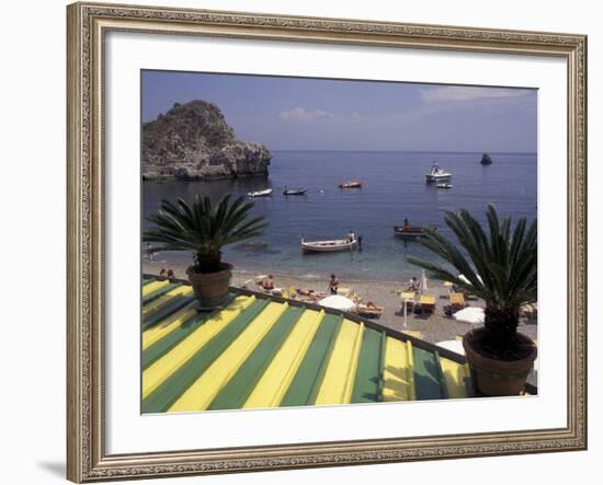 View of Mazzaro Beach from Restaurant, Taormina, Sicily, Italy-Connie Ricca-Framed Photographic Print