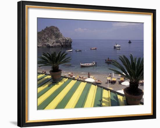 View of Mazzaro Beach from Restaurant, Taormina, Sicily, Italy-Connie Ricca-Framed Photographic Print