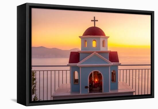 View of miniature Greek Orthodox church on coastal road near Assos, Kefalonia, Ionian Islands-Frank Fell-Framed Premier Image Canvas