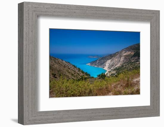 View of Myrtos Beach, coastline, sea and hills near Agkonas, Kefalonia, Ionian Islands-Frank Fell-Framed Photographic Print