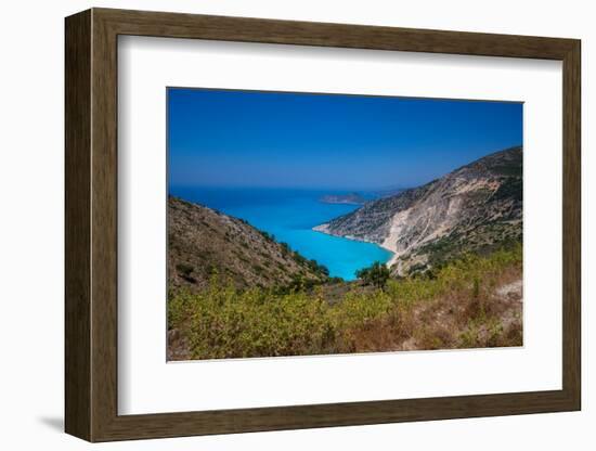 View of Myrtos Beach, coastline, sea and hills near Agkonas, Kefalonia, Ionian Islands-Frank Fell-Framed Photographic Print