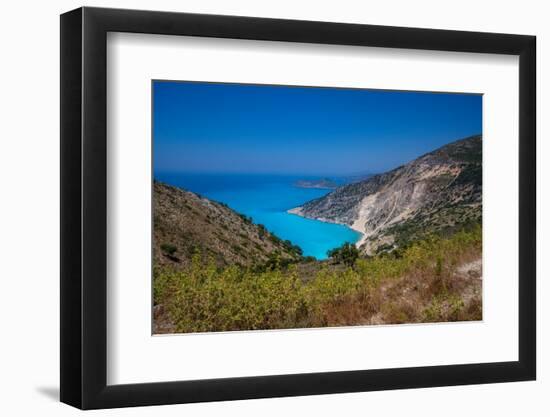 View of Myrtos Beach, coastline, sea and hills near Agkonas, Kefalonia, Ionian Islands-Frank Fell-Framed Photographic Print