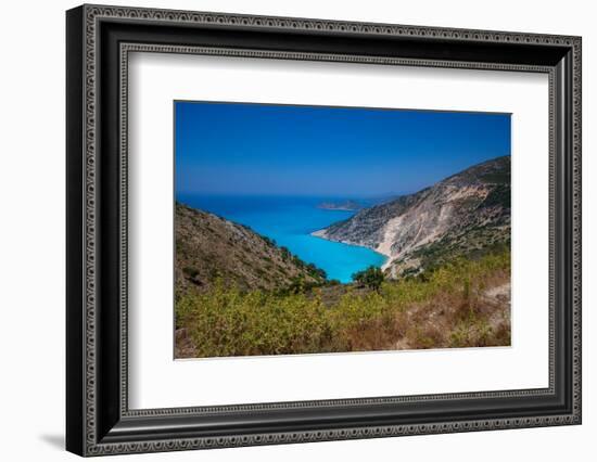 View of Myrtos Beach, coastline, sea and hills near Agkonas, Kefalonia, Ionian Islands-Frank Fell-Framed Photographic Print