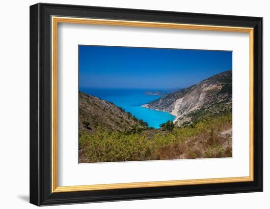 View of Myrtos Beach, coastline, sea and hills near Agkonas, Kefalonia, Ionian Islands-Frank Fell-Framed Photographic Print