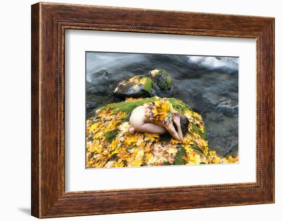 View of naked woman in yoga pose, Rocky Brook Falls, Brinnon, Washington, USA-Panoramic Images-Framed Photographic Print