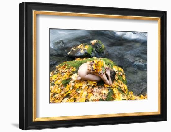 View of naked woman in yoga pose, Rocky Brook Falls, Brinnon, Washington, USA-Panoramic Images-Framed Photographic Print