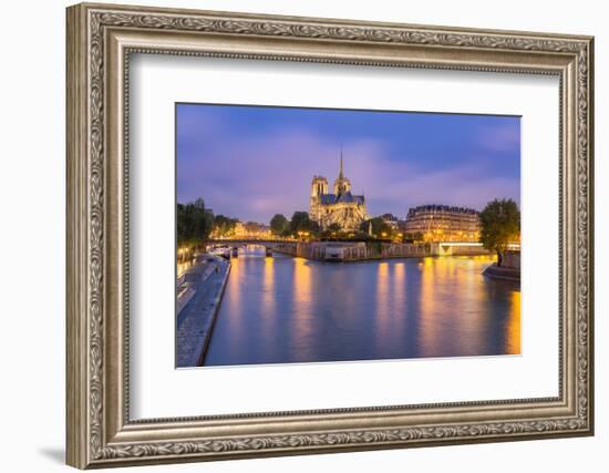 View of Notre Dame De Paris and its Flying Buttresses across the River Seine at Blue Hour, Paris-Aneesh Kothari-Framed Photographic Print