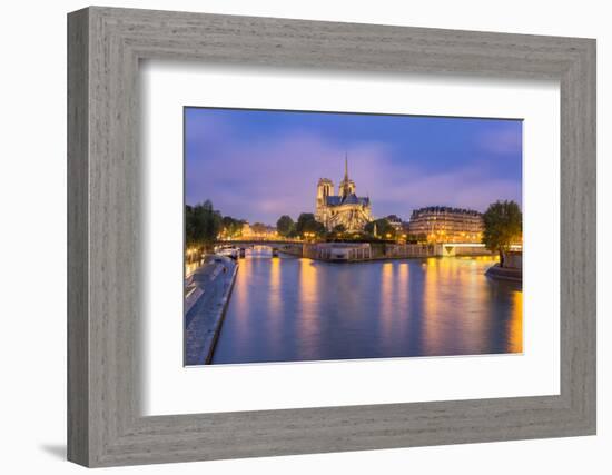 View of Notre Dame De Paris and its Flying Buttresses across the River Seine at Blue Hour, Paris-Aneesh Kothari-Framed Photographic Print