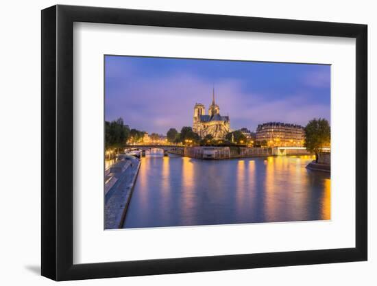 View of Notre Dame De Paris and its Flying Buttresses across the River Seine at Blue Hour, Paris-Aneesh Kothari-Framed Photographic Print