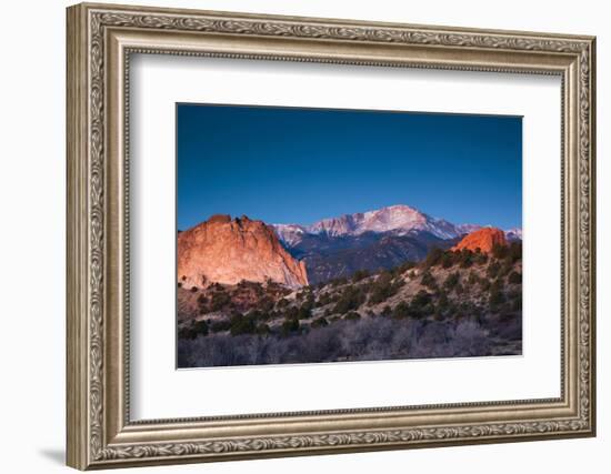 View of Pikes Peak at dawn, Garden of the Gods, Colorado Springs, Colorado, USA-null-Framed Photographic Print