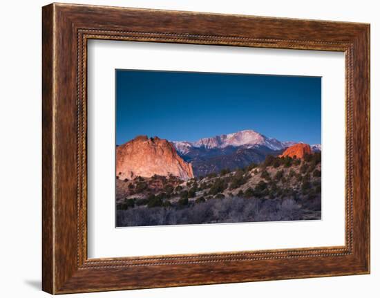 View of Pikes Peak at dawn, Garden of the Gods, Colorado Springs, Colorado, USA-null-Framed Photographic Print