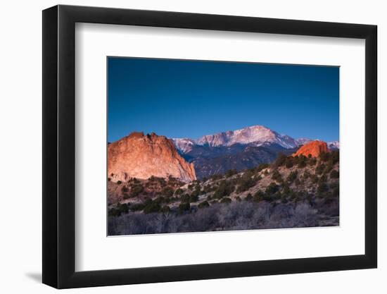 View of Pikes Peak at dawn, Garden of the Gods, Colorado Springs, Colorado, USA-null-Framed Photographic Print