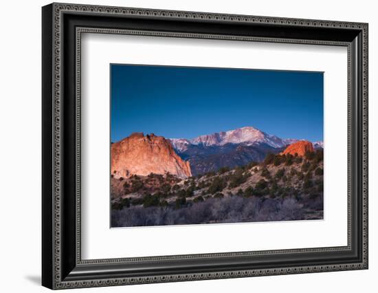 View of Pikes Peak at dawn, Garden of the Gods, Colorado Springs, Colorado, USA-null-Framed Photographic Print