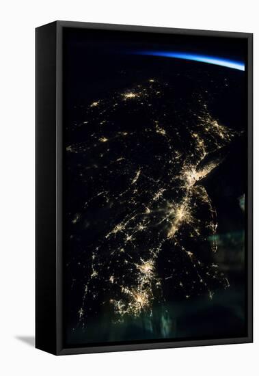 View of planet Earth from space showing night time over American Northeast area-null-Framed Premier Image Canvas