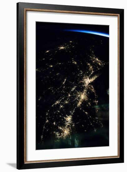 View of planet Earth from space showing night time over American Northeast area-null-Framed Photographic Print