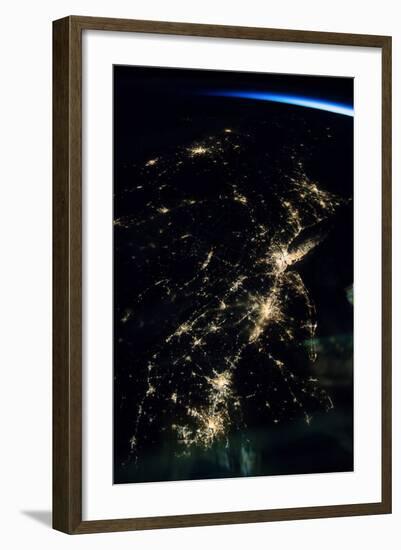 View of planet Earth from space showing night time over American Northeast area-null-Framed Photographic Print